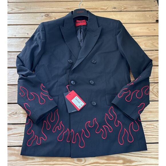 NWT Hugo Double Breasted Button Suit Jacket Size Medium Men’s Black Flame Detail - Picture 1 of 10